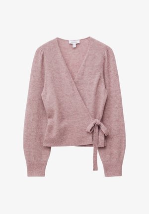 Heller rosa Wickelpullover aus weichem Material. Mit langen Ärmeln, einem tiefen V-Ausschnitt und einem gebundenen Taillendetail. Einfaches, strukturiertes Finish.