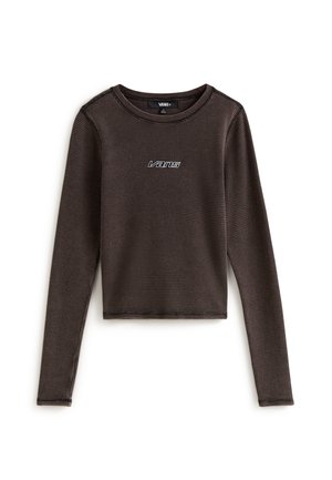 Bruine langelijf cropped ribbed top met een ronde hals, met een witte "Vans" logo op de borst. Textuurstof met een aansluitende pasvorm.