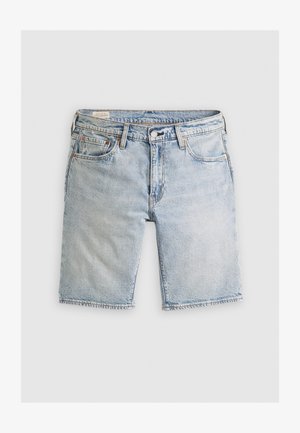 Light blue denim shorts with a classic five-pocket design, visible stitching, and a straight cut at knee length. Button and zipper closure.