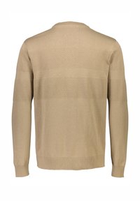 Maglione beige con maniche lunghe, collo rotondo e righe orizzontali testurizzate sul petto e sulle braccia. Tessuto a maglia liscia.