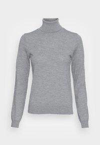 Pull col roulé gris en tissu tricoté lisse. Manches longues ajustées et poignets côtelés. Design minimaliste, sans motifs ni accents visibles.