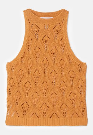 Orange knitted tank top featuring a diamond pattern, open weave, and a ribbed neckline and hem. No sleeves, lightweight texture.