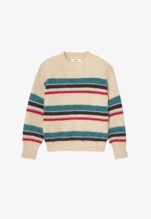 Pull beige en matière douce, avec des rayures horizontales en bleu sarcelle, rouge, noir, brun foncé et violet clair sur le corps et les manches.