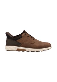 Chaussure en cuir marron avec un laçage, accents foncés contrastés, col rembourré et semelle en caoutchouc crème texturée.