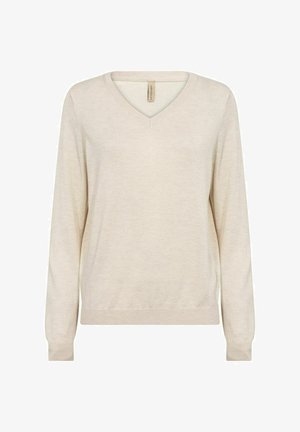 Bež pulover s V izrezom od mekog materijala. Dugi rukavi s rebrastim manžetama i rubom. Jednostavan dizajn, bez uzoraka ili akcenata.