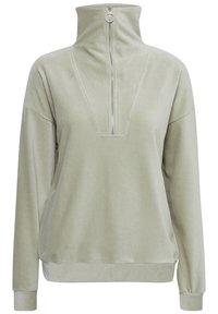 Ljusgrön fleece-tröja med hög krage, en fjärdedels dragkedja fram och ribbade ärmslut; har en V-formad sömdetalj på bröstet.