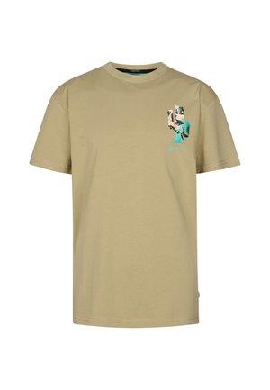 Lekka khaki bawełniana koszulka z krótkimi rękawami. Na lewej piersi znajduje się kolorowy nadruk z turkusowym akcentem.
