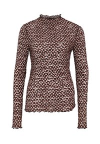Haut à manches longues, transparent, de couleur noire, avec un motif abstrait rose et blanc. Il présente un col haut et un ourlet volants pour plus de détails.