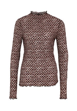 Haut à manches longues, transparent, de couleur noire, avec un motif abstrait rose et blanc. Il présente un col haut et un ourlet volants pour plus de détails.