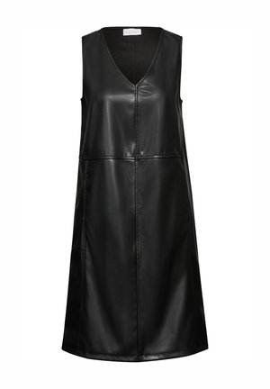 Robe noire sans manches avec un décolleté en V, fabriquée en simili cuir. Présente une coupe droite et des détails de coutures visibles à l'avant.