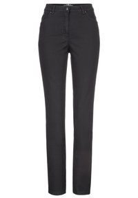 Jeans in denim nero con vestibilità slim, cinque tasche, chiusura anteriore con bottone e passanti per cintura. Tessuto liscio con dettagli di cuciture minime.
