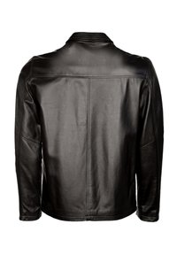 Zwarte leren jas met een gladde textuur, rechte kraag en lange mouwen. Heeft naden langs de achterkant en zijkant voor een getailleerde pasvorm.