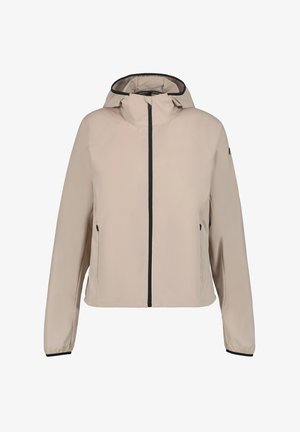 Giacca beige chiaro con cappuccio, cerniera frontale, accenti neri e due tasche laterali. Tessuto liscio e polsini elasticizzati.