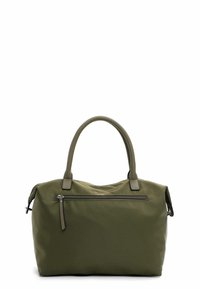 Olivgrüne Nylon-Handtasche mit einer Reißverschlusstasche, abgerundeten Griffen und glatter Textur; verfügt über ein minimalistisches Design und dezente Hardware-Akzente.