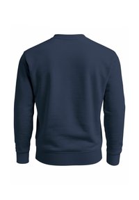Dark blue sweatshirt with a ribbed crew neckline, long sleeves, and textured fabric. Features a straight hem and fitted cuffs.