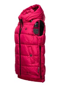 Pink padded vest with a high collar, zippered pockets, and black hardware accents. Features a smooth texture and quilted design.