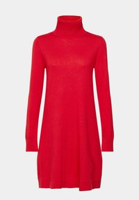 Robe pull col roulé rouge à manches longues avec col, poignets et ourlet côtelés sur fond clair uni.