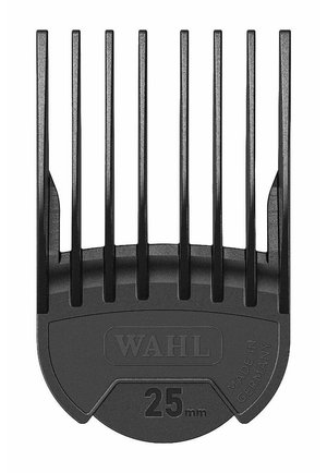 Zwarte plastic beschermkam voor tondeuse met acht tanden, gelabeld "WAHL" en "25 mm", aan de zijkant gemarkeerd met "Made in Germany".