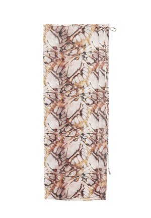 Let let tørklæde med rektangulært form og mønster af brun- og beigefarvede sommerfuglevinger, med tynde bindebånd på det ene hjørne.