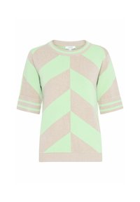 Kurzärmliger Pullover in hellbeige mit mintgrünem Zickzackmuster. Rundhalsausschnitt und gestreifte Akzente an den Ärmeln. Weiche Maschenware.