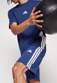 Blauwe sportt-shirt en shorts van stof met witte drie-strepenaccenten. De persoon houdt een zwarte medicijnbal vast.
