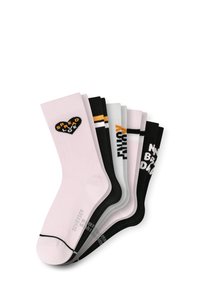 Set of six socks in various colors: pink, black, white, and gray. Text and heart designs on pink and black socks. Cotton blend material.