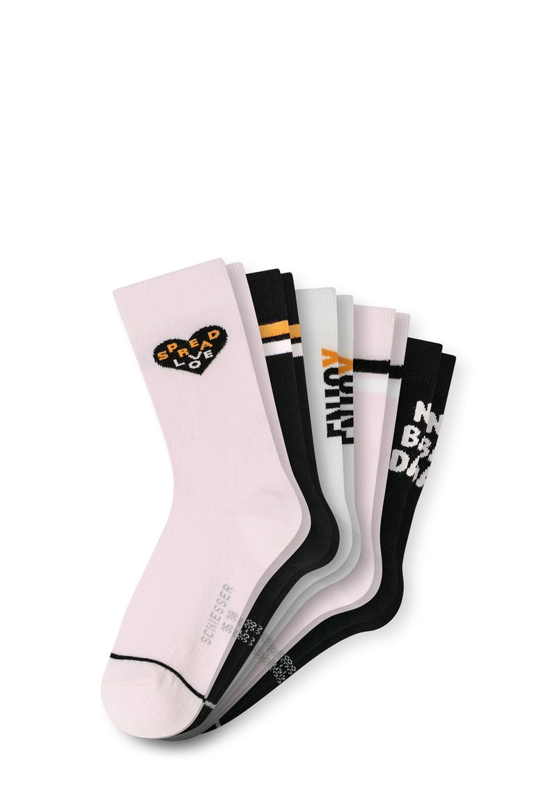 Set of six socks in various colors: pink, black, white, and gray. Text and heart designs on pink and black socks. Cotton blend material.