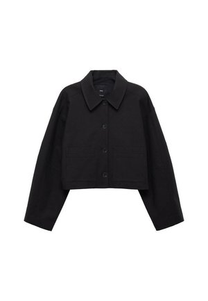 Veste noire courte en tissu lisse, dotée d'un col pointu, d'une fermeture par boutons et de deux poches avant. Manches larges et coupe ajustée.