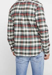 Zelená, červená a bílá kostkovaná flanelová košile, zapnutá, s zaobleným lemem a jediným záševkem na zádech, nošená s světle modrými džínami.