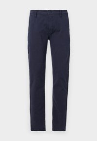 Chino in cotone navy con gamba dritta, chiusura anteriore con bottone e passanti per cintura. Tessuto liscio senza motivi o accenti visibili.