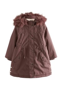 Bærfarvet parka-jakke med en faux fur hætte, to frontlommer, snøre i taljen, trykknapper og en blød foring.