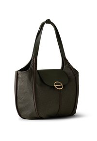 Green leather tote bag with a textured surface, featuring a closure flap and a gold-tone circular hardware detail.