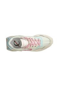 Sneaker mit einem oberteil in hellem Mint, pastellfarbenen rosa Schnürsenkeln und grauen Wildlederakzenten. Besitzt ein Logo mit pinken und blauen Details an der Seite.