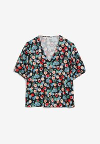 Blusa de manga corta en V con un patrón floral multicolor sobre un fondo negro, con puños de manga fruncidos.