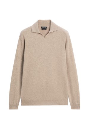 Maglione beige a maniche lunghe con collo aperto e polsini e orlo a coste, realizzato in morbido tessuto a maglia.