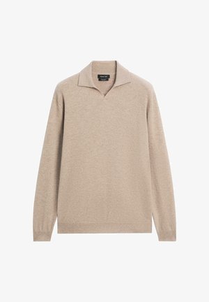 Maglione beige a maniche lunghe con collo aperto e polsini e orlo a coste, realizzato in morbido tessuto a maglia.