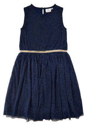 Robe sans manches bleu marine avec une taille froncée, ornée de paillettes dorées. Elle présente une ceinture dorée et une fermeture à bouton dans le dos.