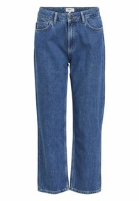 Blå hög midja raka jeans med framknapp, dragkedja, bältesoljor och femfickdesign.