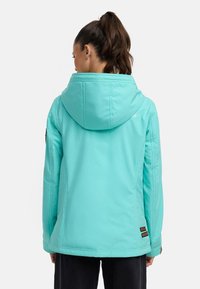 Light turquoise insulated jacket with a hood, featuring a smooth texture, side pockets, and brown accent details at the hem.