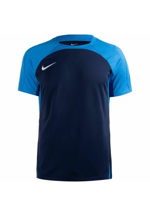 Short-sleeve sports shirt with navy blue body, light blue patterned shoulders, and white Nike swoosh logos on chest and collar.
