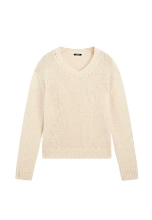 Pull en tricot beige clair avec un col en V, des manches longues et des poignets et un ourlet côtelés. Fabriqué dans une texture douce avec une coupe décontractée.