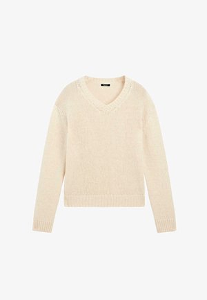 Licht beige gebreid sweater met een V-hals, lange mouwen en ribgebreide manchetten en zoom. Gemaakt van een zachte stof met een comfortabele pasvorm.