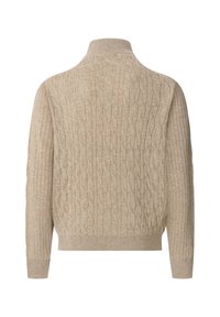 Beiger gestrickter Pullover mit hohem Kragen. Verfügt über ein strukturiertes Zopfmuster. Lange Ärmel mit gerippten Bündchen und Saum.