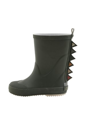 Schwarzer Gummistiefel mit einer strukturierten grauen Umrandung und dreieckigen Farbakzenten in Rot, Braun und Creme auf der Rückseite. Profilsohle für besseren Halt.