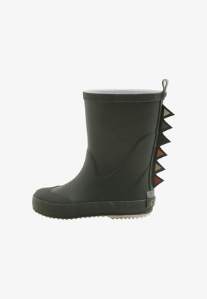 Bota de goma negra con un borde gris texturizado y acentos de color triangulares en rojo, marrón y crema en la parte posterior. Suela estriada para tracción.