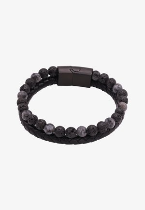 Czarny skórzany pleciony bransoletka z kulistymi czarnymi i szarymi koralikami oraz metalowym zapięciem. Teksturowany i wytrzymały design, idealny do codziennego noszenia.