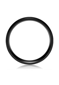 Black circular frame with a smooth finish, minimalistic design, and slightly raised edges, reflecting light on its surface.