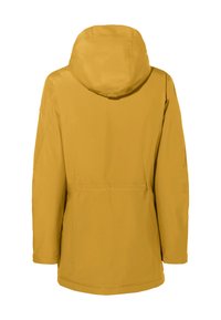 Giacca impermeabile gialla con cappuccio, dalla linea dritta e maniche lunghe. Caratterizzata da una ventola posteriore e una texture morbida.