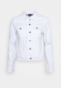 Veste en denim blanc à manches longues, fermeture à boutons sur le devant, deux poches poitrine à boutons et un col pointu.