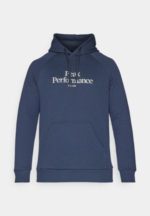Mørkeblå hættetrøje med en frontlomme, snoretræk i hætten og hvid tekst "Peak Performance". Fremstillet af blødt stof med ribbede ærmer.